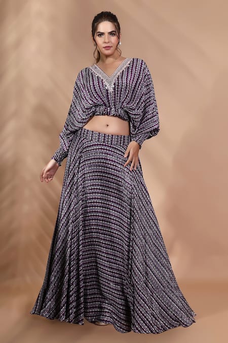 Shreya J Label Printed Cropped Top & Skirt Set 