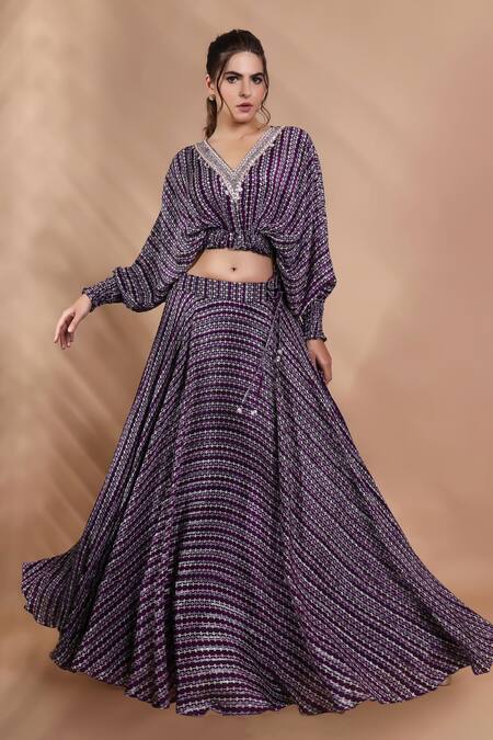 Buy_Shreya J Label_Purple Crepe Embroidery V-neck Printed Cropped Top And Skirt Set _Online_at_Aza_Fashions