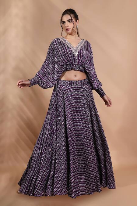 Shop_Shreya J Label_Purple Crepe Embroidery V-neck Printed Cropped Top And Skirt Set _Online_at_Aza_Fashions