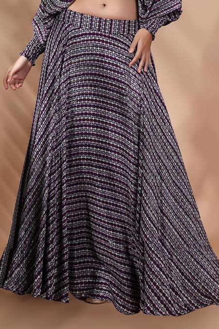 Shreya J Label_Purple Crepe Embroidery V-neck Printed Cropped Top And Skirt Set _at_Aza_Fashions