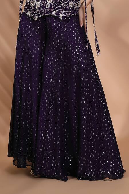 Shop_Shreya J Label_Purple Crepe Embroidery, Sequins, Glitter Floral Cord Corset And Shimmer Pant Set _Online_at_Aza_Fashions