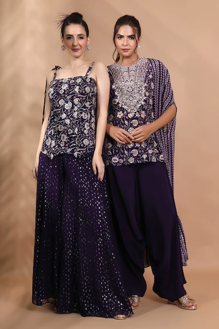 Shreya J Label_Purple Crepe Embroidery, Sequins, Glitter Floral Cord Corset And Shimmer Pant Set _at_Aza_Fashions
