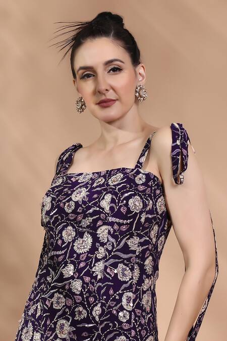 Shop_Shreya J Label_Purple Crepe Embroidery, Sequins, Glitter Floral Cord Corset And Shimmer Pant Set 