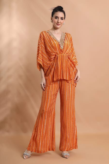Buy_Shreya J Label_Orange Crepe Embroidery, Sequins, Beads V-neck Printed Draped Kaftan Tunic Set _Online_at_Aza_Fashions
