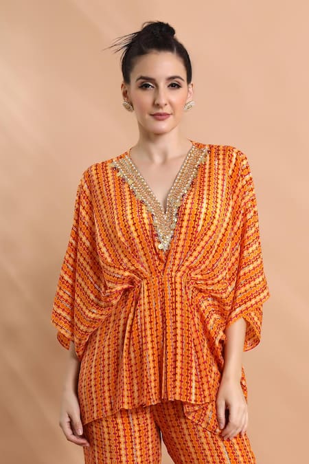 Shop_Shreya J Label_Orange Crepe Embroidery, Sequins, Beads V-neck Printed Draped Kaftan Tunic Set _Online_at_Aza_Fashions
