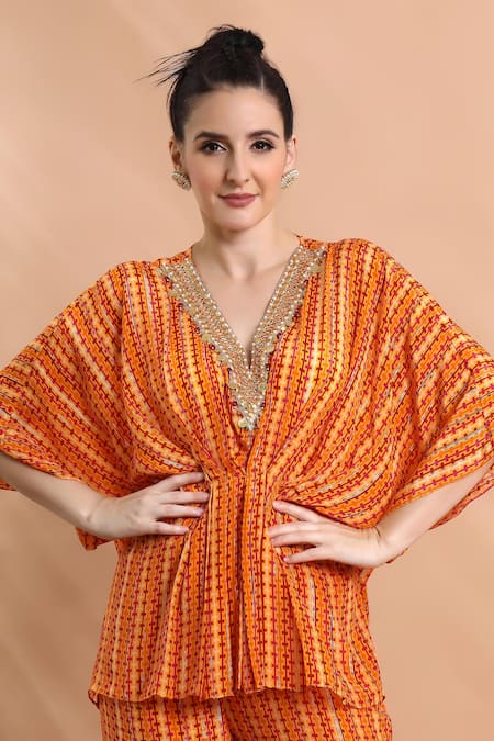 Shreya J Label_Orange Crepe Embroidery, Sequins, Beads V-neck Printed Draped Kaftan Tunic Set _at_Aza_Fashions