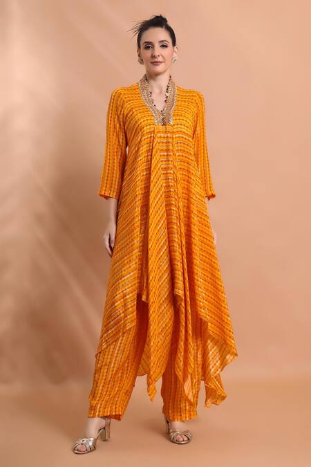 Shreya J Label_Yellow Crepe Embroidery, Beads, Stones Striped Asymmetric Tunic And Pant Set _Online_at_Aza_Fashions