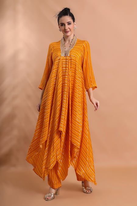 Shreya J Label Striped Asymmetric Tunic & Pant Set 