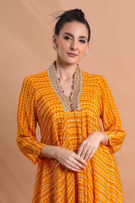 Shreya J Label_Yellow Crepe Embroidery, Beads, Stones Striped Asymmetric Tunic And Pant Set _at_Aza_Fashions