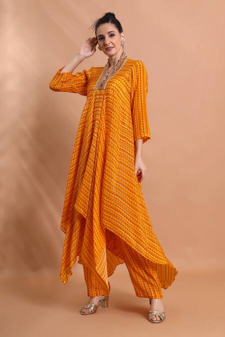 Buy_Shreya J Label_Yellow Crepe Embroidery, Beads, Stones Striped Asymmetric Tunic And Pant Set 