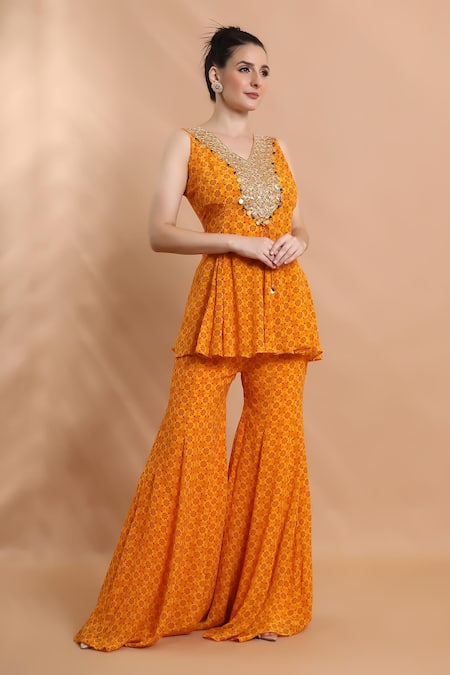 Shreya J Label_Yellow Crepe Embroidery, Sequins, Printed Panelled Peplum Kurta With Sharara _Online_at_Aza_Fashions