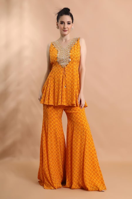 Buy_Shreya J Label_Yellow Crepe Embroidery, Sequins, Printed Panelled Peplum Kurta With Sharara _Online_at_Aza_Fashions