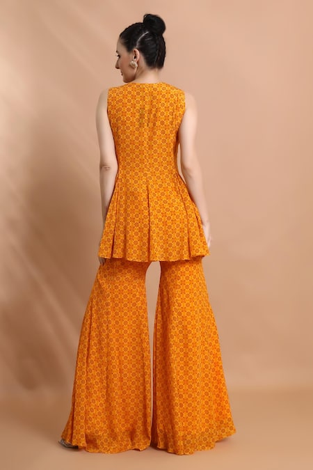 Shreya J Label Printed Panelled Peplum Kurta With Sharara 