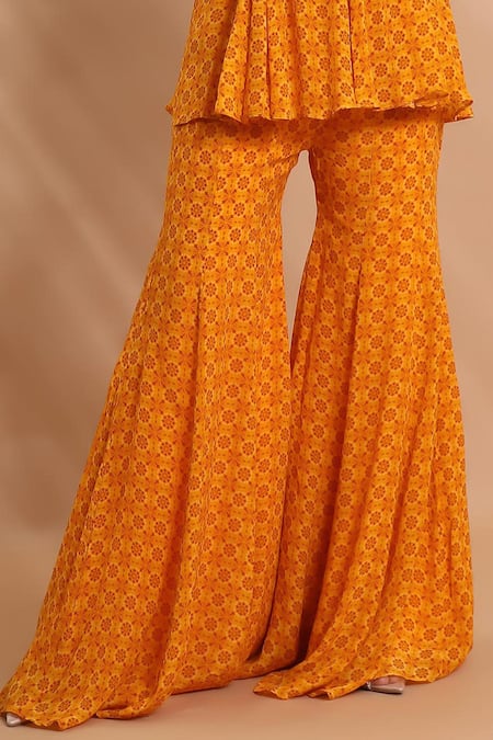 Buy_Shreya J Label_Yellow Crepe Embroidery, Sequins, Printed Panelled Peplum Kurta With Sharara 