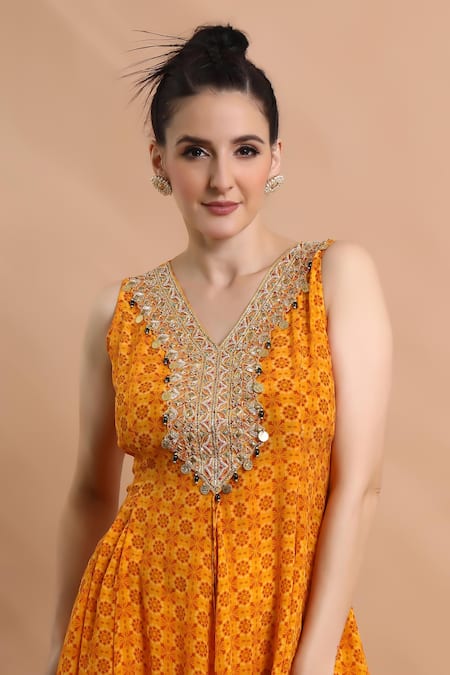 Shop_Shreya J Label_Yellow Crepe Embroidery, Sequins, Printed Panelled Peplum Kurta With Sharara 