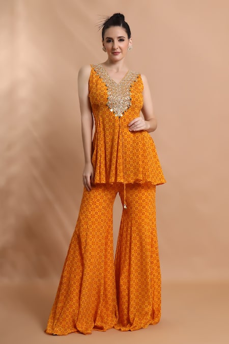 Shreya J Label Printed Panelled Peplum Kurta With Sharara 