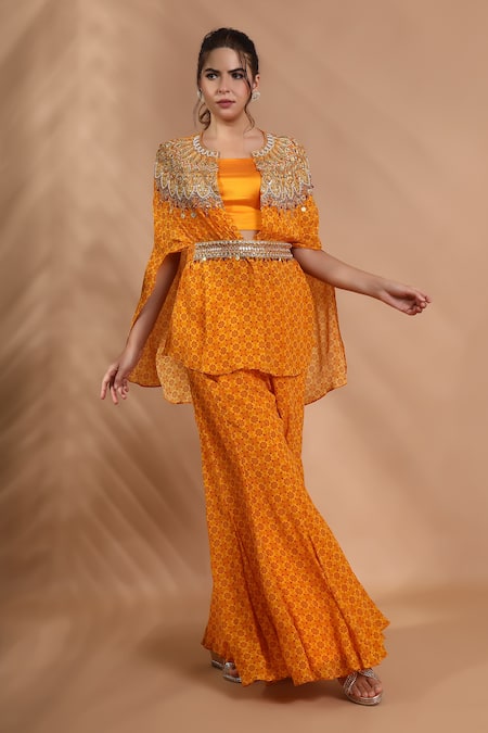 Buy_Shreya J Label_Yellow Crepe Beads, Sequins, Stones Printed Hand Embroidered Cape Sharara Set _Online_at_Aza_Fashions