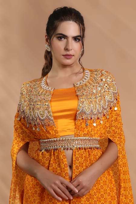 Shop_Shreya J Label_Yellow Crepe Beads, Sequins, Stones Printed Hand Embroidered Cape Sharara Set _Online_at_Aza_Fashions