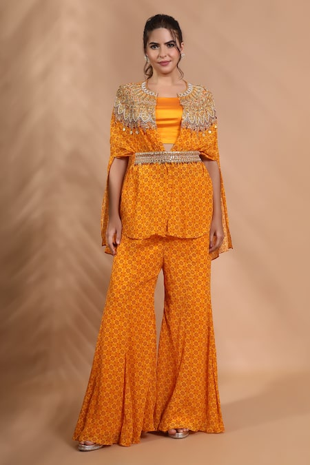 Shreya J Label_Yellow Crepe Beads, Sequins, Stones Printed Hand Embroidered Cape Sharara Set _at_Aza_Fashions