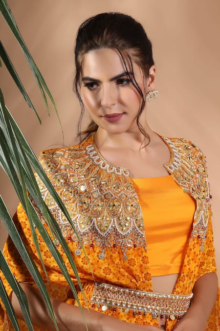 Buy_Shreya J Label_Yellow Crepe Beads, Sequins, Stones Printed Hand Embroidered Cape Sharara Set 