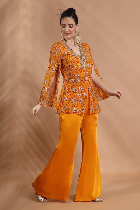 Shop_Shreya J Label_Yellow Crepe Embroidery, Sequins, Stones Floral Hand Embellished Kurta Set _Online_at_Aza_Fashions