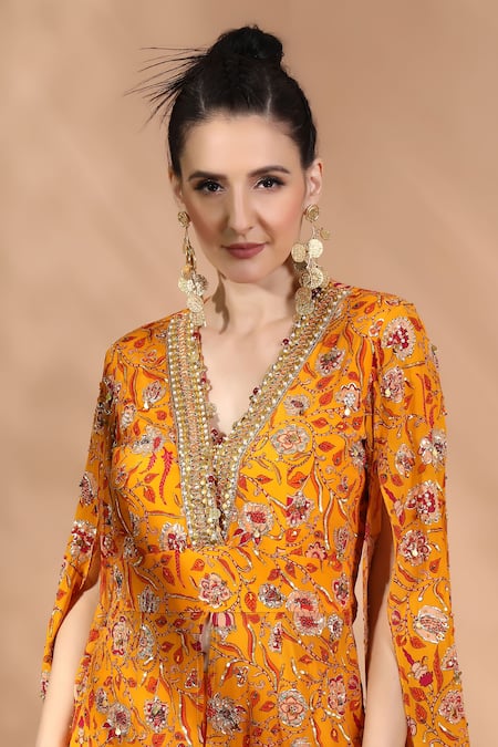 Shreya J Label_Yellow Crepe Embroidery, Sequins, Stones Floral Hand Embellished Kurta Set _at_Aza_Fashions