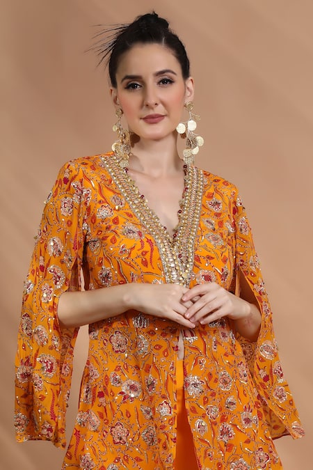 Buy_Shreya J Label_Yellow Crepe Embroidery, Sequins, Stones Floral Hand Embellished Kurta Set 