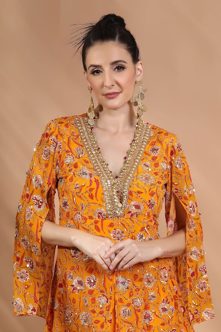 Shop_Shreya J Label_Yellow Crepe Embroidery, Sequins, Stones Floral Hand Embellished Kurta Set 