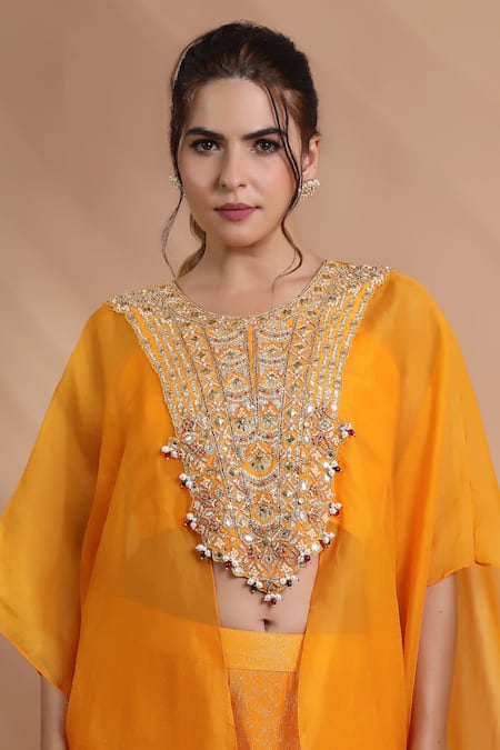 Shreya J Label_Yellow Organza Open Neck Hand Embroidered Cape Set _Online_at_Aza_Fashions
