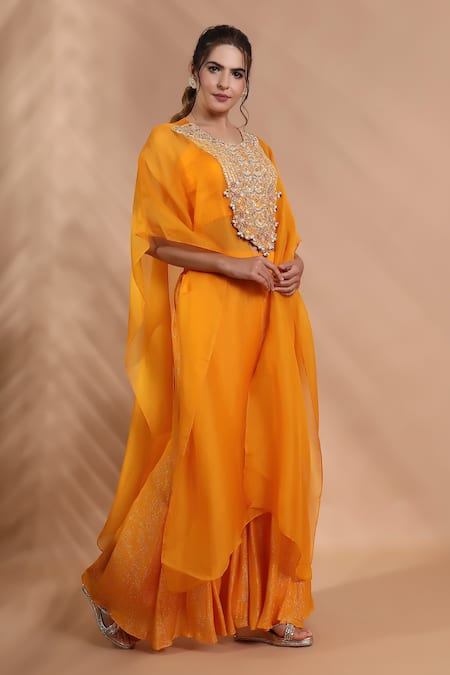 Buy_Shreya J Label_Yellow Organza Open Neck Hand Embroidered Cape Set _Online_at_Aza_Fashions