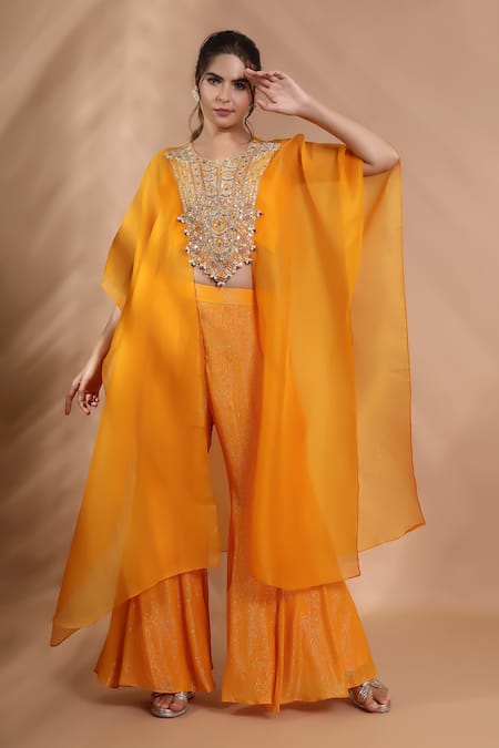 Shreya J Label_Yellow Organza Open Neck Hand Embroidered Cape Set _at_Aza_Fashions