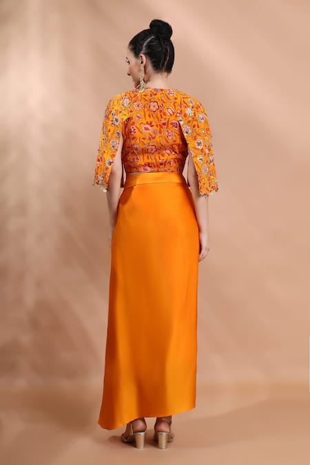 Shreya J Label Floral Hand Embellished Top & Draped Skirt Set 