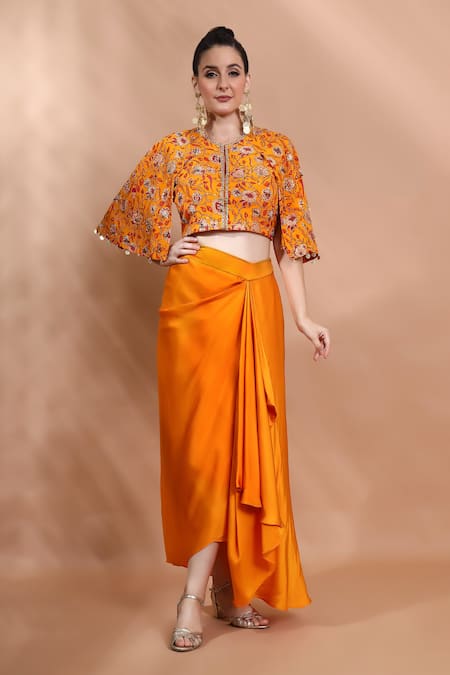 Shreya J Label Floral Hand Embellished Top & Draped Skirt Set 