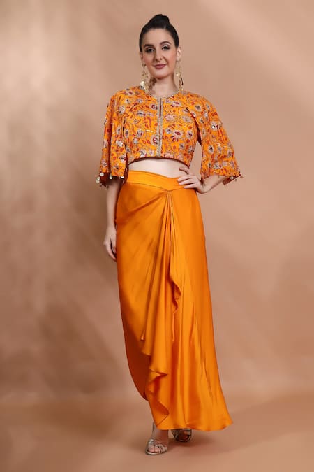 Buy_Shreya J Label_Yellow Satin Embroidery, Sequins Floral Hand Embellished Top And Draped Skirt Set _Online_at_Aza_Fashions