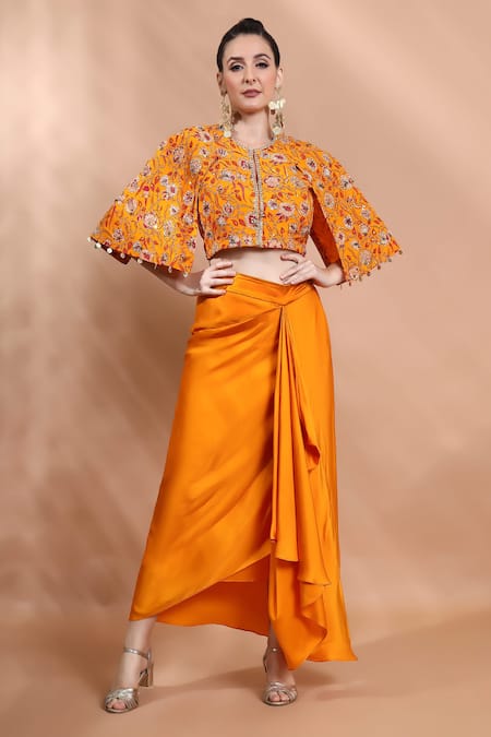 Shop_Shreya J Label_Yellow Satin Embroidery, Sequins Floral Hand Embellished Top And Draped Skirt Set _Online_at_Aza_Fashions