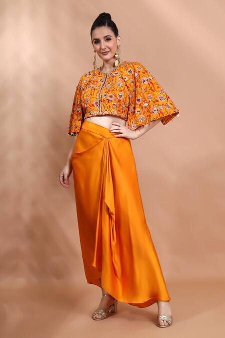 Shreya J Label_Yellow Satin Embroidery, Sequins Floral Hand Embellished Top And Draped Skirt Set _at_Aza_Fashions