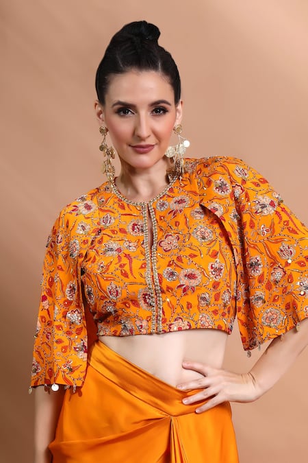 Buy_Shreya J Label_Yellow Satin Embroidery, Sequins Floral Hand Embellished Top And Draped Skirt Set 