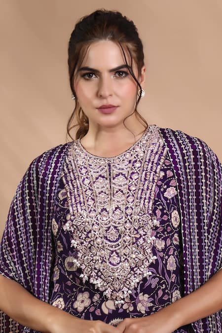 Shreya J Label_Purple Crepe Embroidery, Zari Round , Open Hand Cape And Pant Set _Online_at_Aza_Fashions