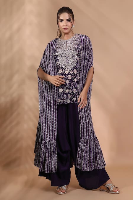 Buy_Shreya J Label_Purple Crepe Embroidery, Zari Round , Open Hand Cape And Pant Set _Online_at_Aza_Fashions