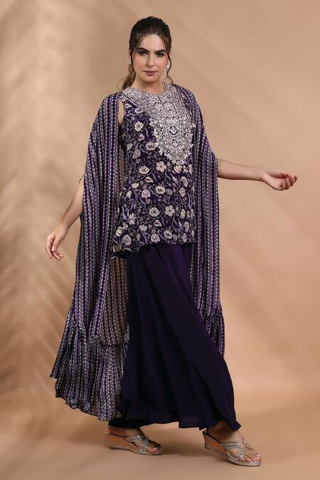 Shop_Shreya J Label_Purple Crepe Embroidery, Zari Round , Open Hand Cape And Pant Set _Online_at_Aza_Fashions