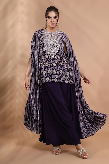 Shreya J Label_Purple Crepe Embroidery, Zari Round , Open Hand Cape And Pant Set _at_Aza_Fashions