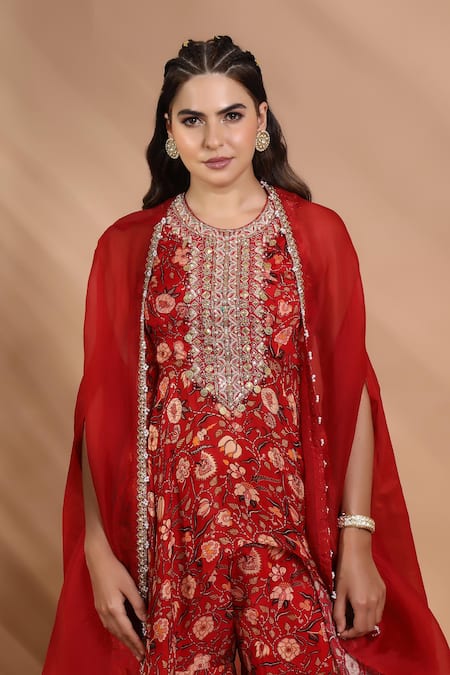 Shreya J Label_Red Chinon Embroidery, Sequins Open , Round Hand Kurta Sharara Set _Online_at_Aza_Fashions