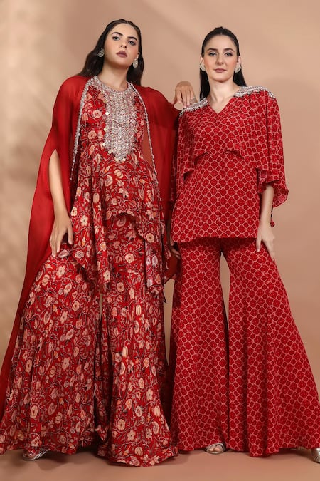 Shop_Shreya J Label_Red Chinon Embroidery, Sequins Open , Round Hand Kurta Sharara Set _Online_at_Aza_Fashions