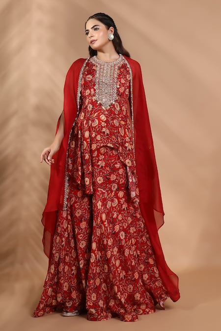 Shreya J Label_Red Chinon Embroidery, Sequins Open , Round Hand Kurta Sharara Set _at_Aza_Fashions
