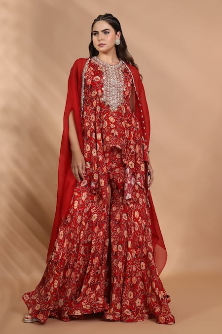 Buy_Shreya J Label_Red Chinon Embroidery, Sequins Open , Round Hand Kurta Sharara Set 