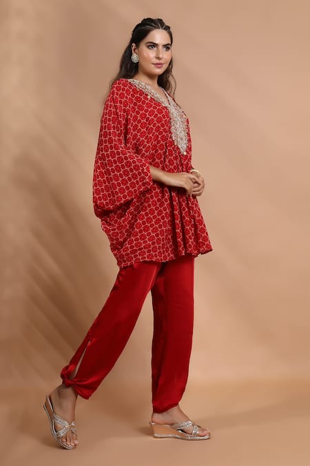 Shreya J Label_Red Crepe Embroidery, Sequins, Beads V-neck Printed Asymmetric Kurta And Pant Set _Online_at_Aza_Fashions