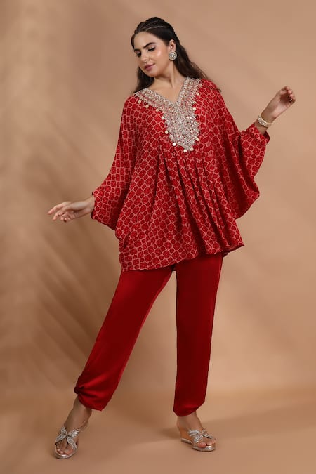 Shop_Shreya J Label_Red Crepe Embroidery, Sequins, Beads V-neck Printed Asymmetric Kurta And Pant Set _Online_at_Aza_Fashions
