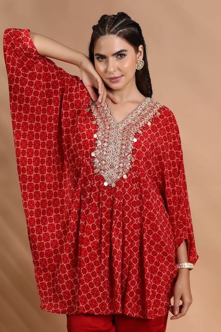 Shreya J Label_Red Crepe Embroidery, Sequins, Beads V-neck Printed Asymmetric Kurta And Pant Set _at_Aza_Fashions