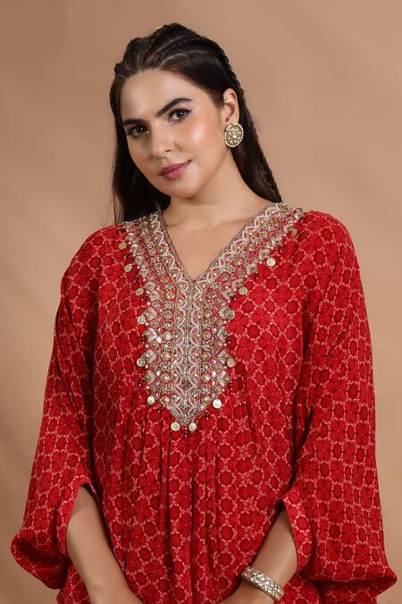 Buy_Shreya J Label_Red Crepe Embroidery, Sequins, Beads V-neck Printed Asymmetric Kurta And Pant Set 