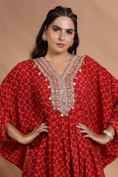 Shop_Shreya J Label_Red Crepe Embroidery, Sequins, Beads V-neck Printed Asymmetric Kurta And Pant Set 
